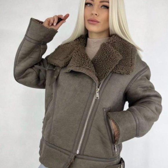 ZARA NEW WOMEN FAUX LEATHER SHEARLING DOUBLE-FACED BIKER JACKET GRAY 3548/243 XL - Picture 7 of 15